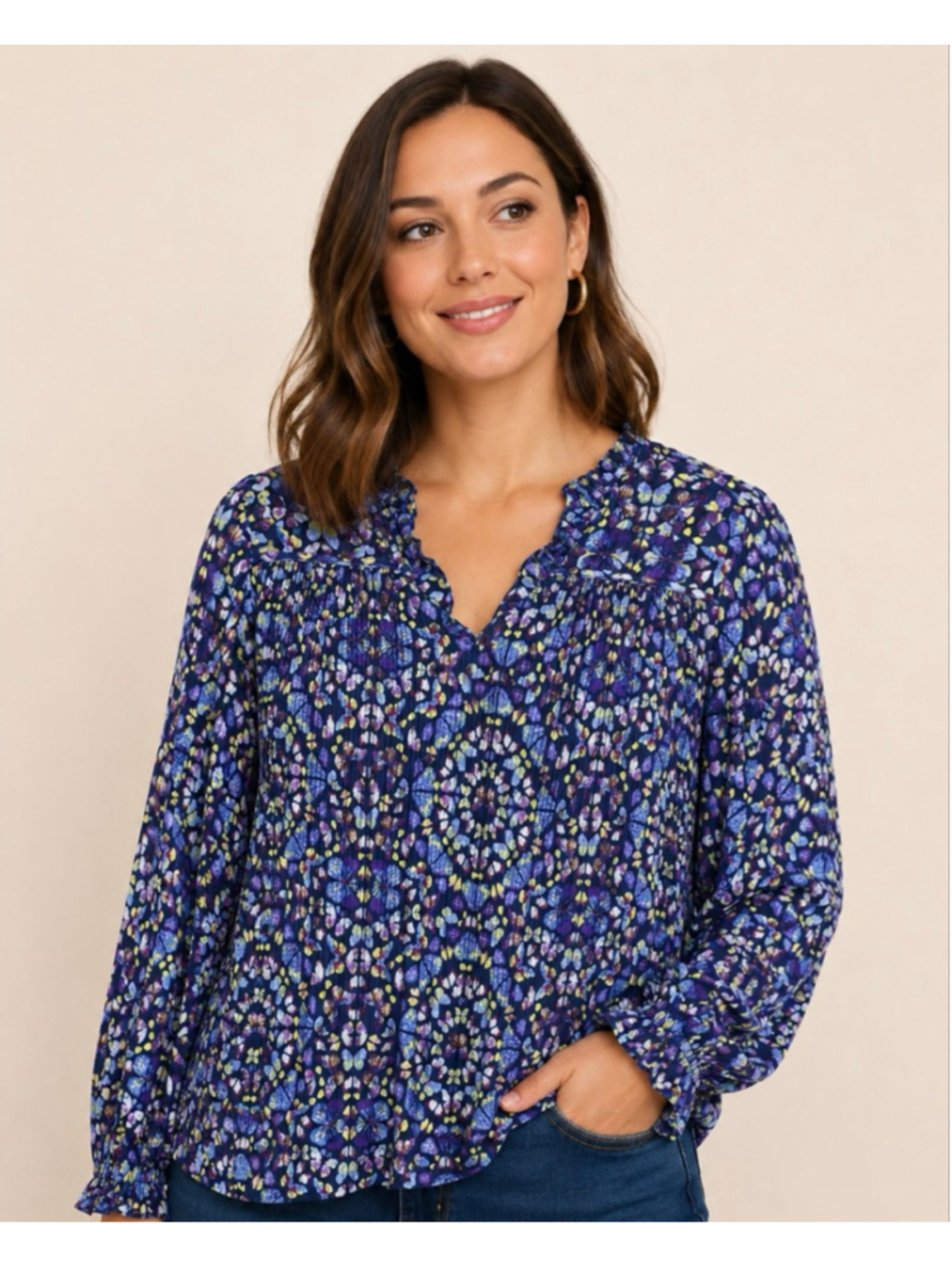 Ophelia Roe. Blue Floral Pleated Butterfly Print Blouse Size L